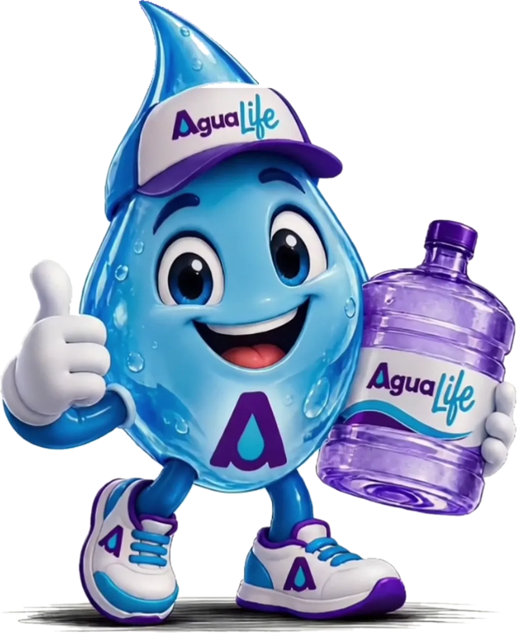 Mascota de Agualife: una gota de agua con gorra de Agualife que carga el botellón morado